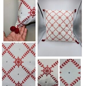 Enchanté Accessories White Red Embroidered Snowflakes Rhinestones Pompom Pillow